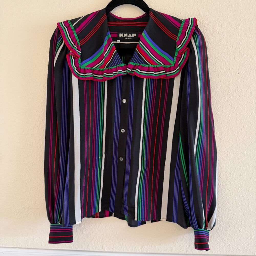 Vintage Knap Paris Silk Stripe Blouse with oversized collar, Size FR40
